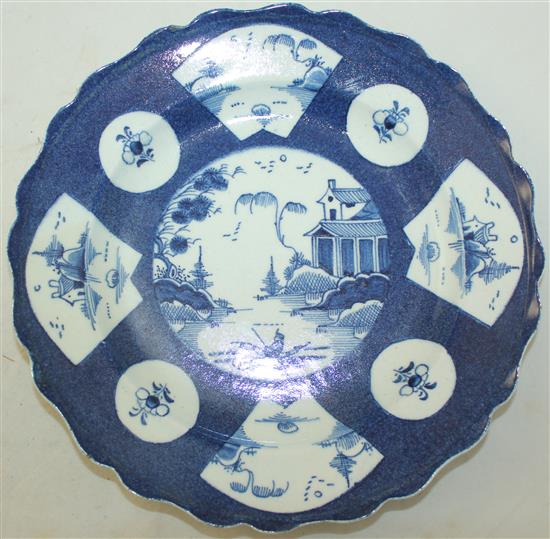 A Bow powder blue dish and a similar wavy edge plate, c.1760-65, 26cm and 22cm